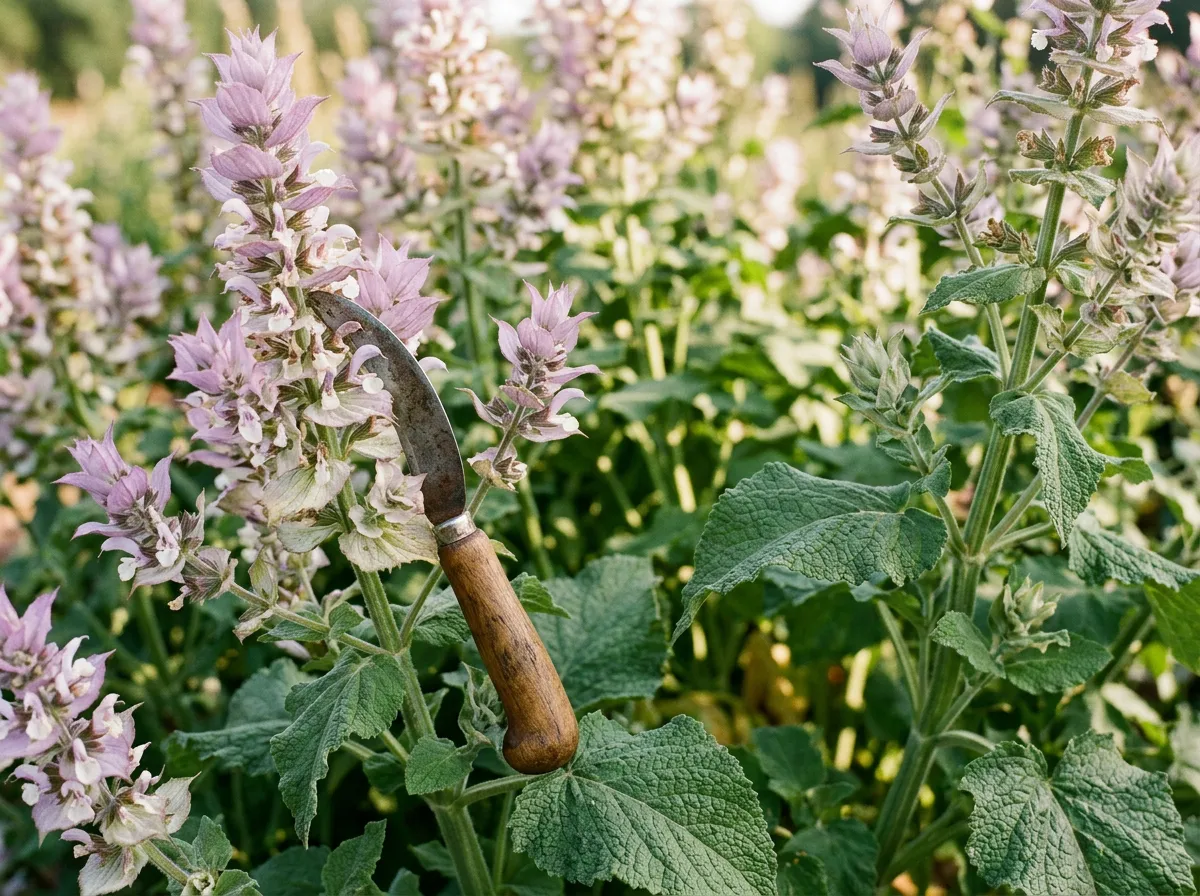 Tall clary sage flowering stems with lilac bracts standing in a French field