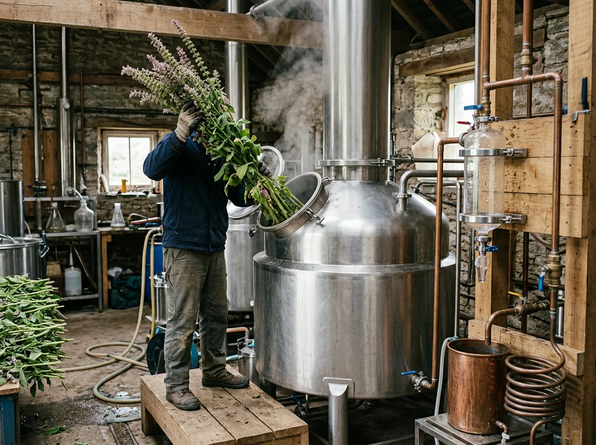 Clary sage flowering stems loaded into a still in a small distillery